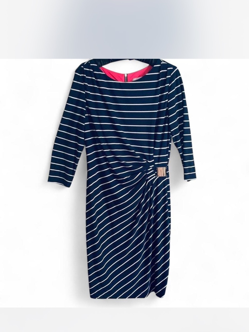 Shapely Striped Jessica Howard Navy and White Midi Dress with Pink Accent